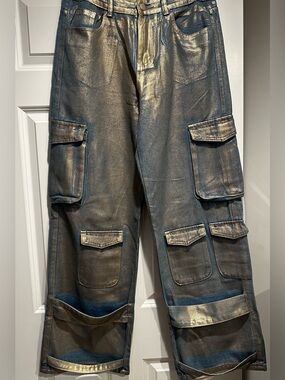 Women’s Metallic Blue-Gold Cargo Jeans